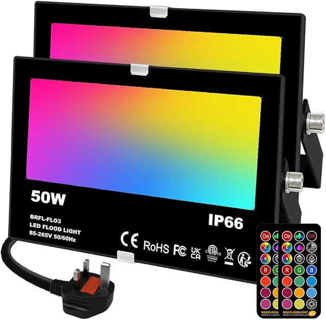 Mobri 50W LED Floodlight Outdoor, Colour Changing Flood Lights with Remote Control, 12 RGB Colours, Timing, 4 Modes, IP66 Waterproof, UK 3-Plug, 2 Pack