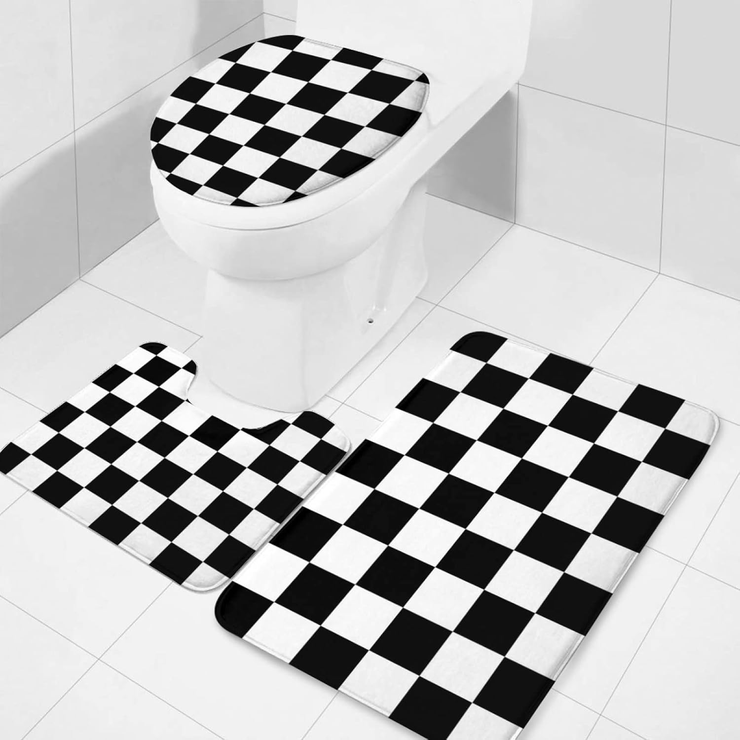 Black White Race Checkered Flag Pattern Bathroom Rug Mat Set 3 Piece Bath Mat Toilet Lids U-Shape Contour Rug Soft Non Slip Absorbent Bathroom Decor - B (20 x 32 inches)