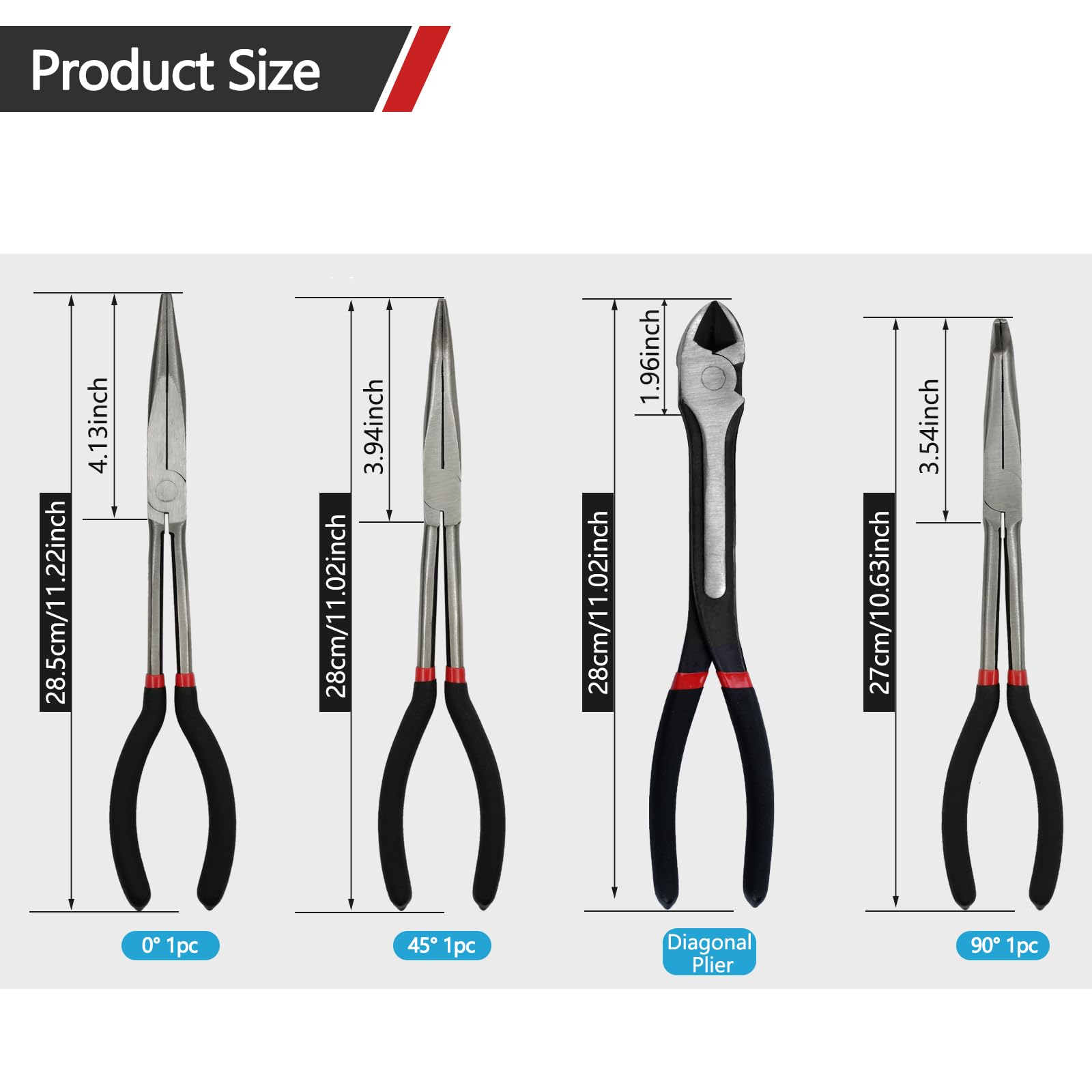4-Piece 11" Extra Long Needle Nose Pliers Set with Insulated Comfort Grip, Straight Long Reach, 45/90°Bent Nose & Diagonal Pliers for Bending, Shaping & Trimming in Narrow Spaces