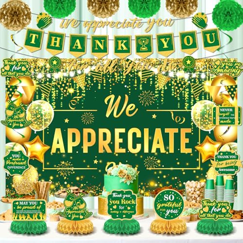 Image of We Appreciate You Party Decorations Green Gold Thank You for All You Do Banner Honeycomb Centerpieces Hanging Swirls for Office Employee Pastor Teacher Doctor Graduation Appreciation Party Decor