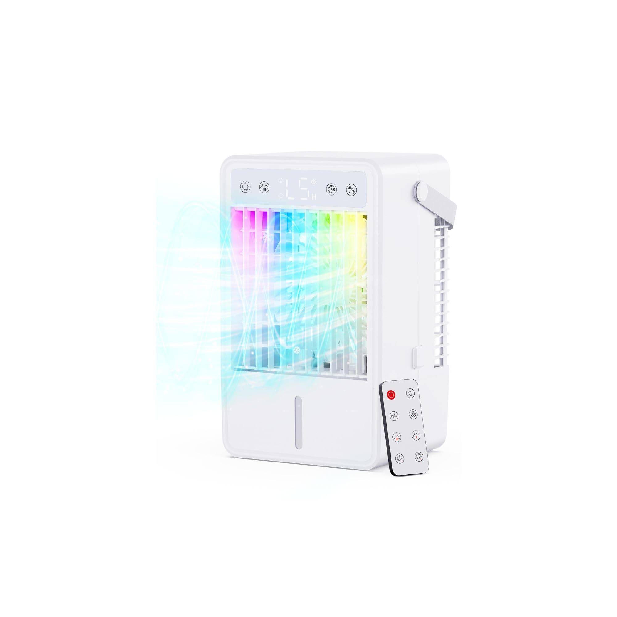 Climatizzatore Portatile Silenzioso 1500ML, Condizionatore Portatile 5 Velocità & 3 Modalità, Raffreddatore D'aria con Display LED & Telecomando, Luci LED Colorate, Timer 2-10H, Alette 70°, USB-C