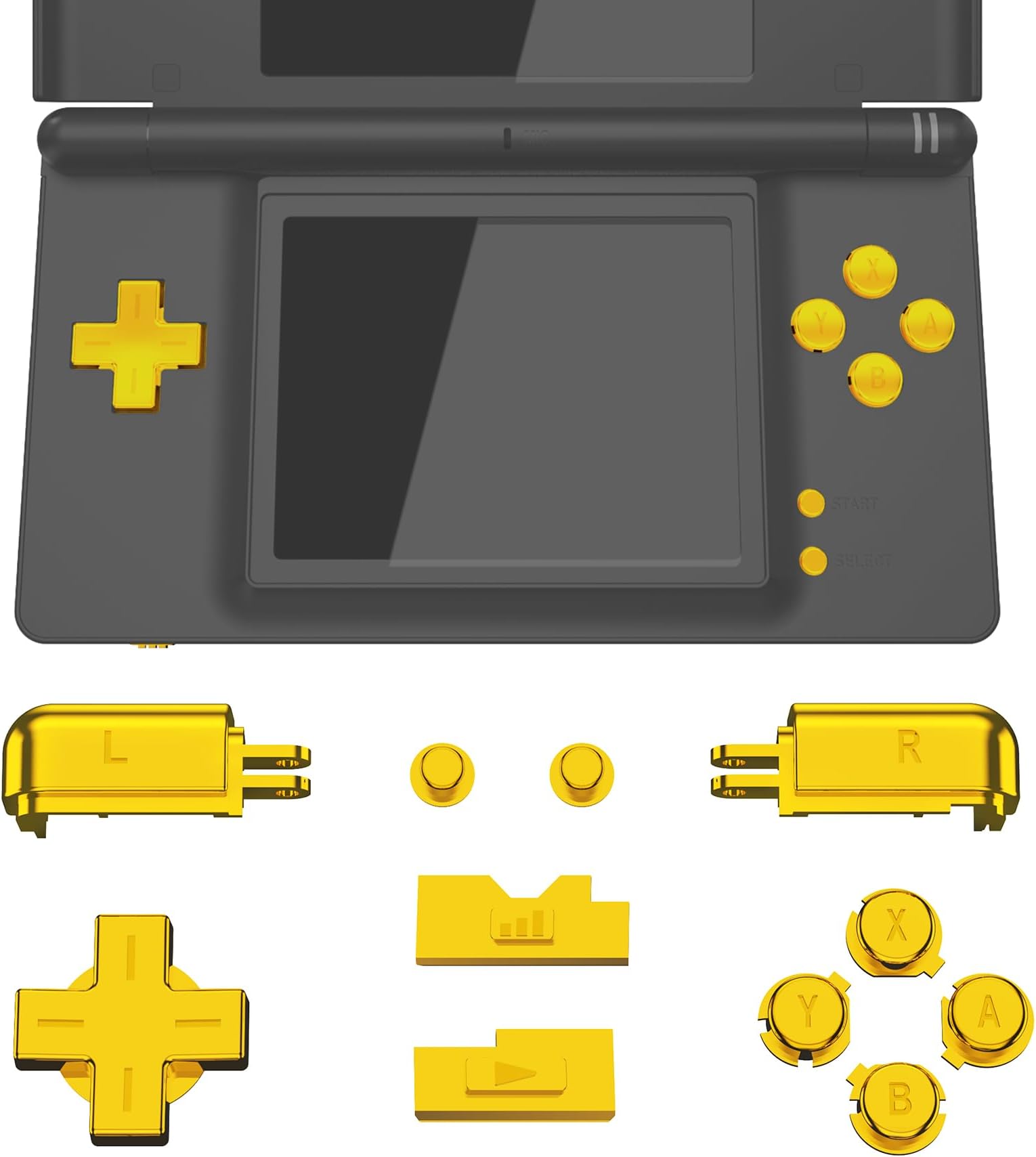 eXtremeRate Chrome Gold Replacement Full Set Buttons for Nintendo DS Lite Handheld Console, Custom D-pad A B X Y Start Select R L Power Volume Keys for Nintendo DS Lite NDSL - Console NOT Included