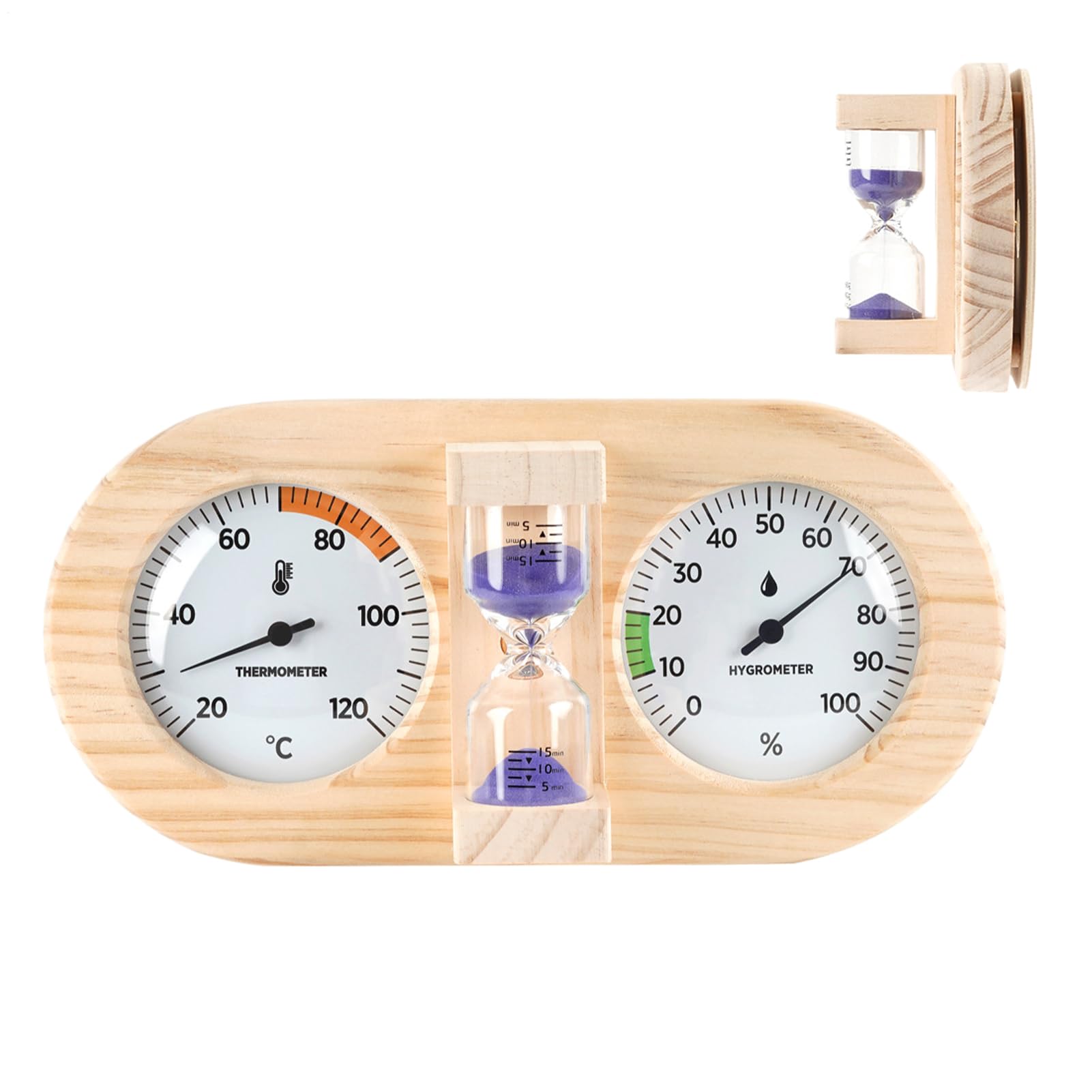 Timer Piaskowy Do Sauny 15-minutowe Odliczanie Z Miernikiem Wilgotności | Drewniana Ramka Montaż Ścienny 15-minutowy Timer Miernik Temperatury i Wilgotności Sauny Do Wnętrz, Garażu, Miejsca Pracy,