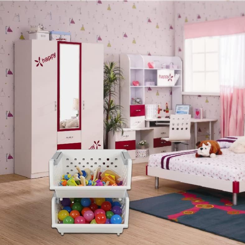 Miniatura 6 de Paquete de 3 cestas de almacenamiento apilables de plástico, cesta organizadora apilable blanca