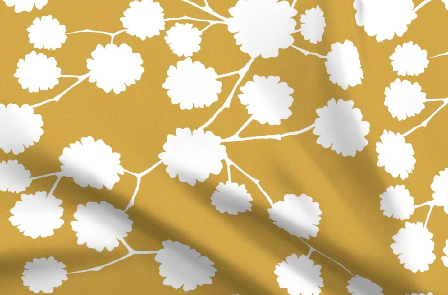 Spoonflower Fabric - Mustard Nature Spring Blossom Yellow Botanical Black Floral Fern Leaf Printed on Minky Fabric by The Yard - Sewing Baby Blankets Quilt Backing Plush