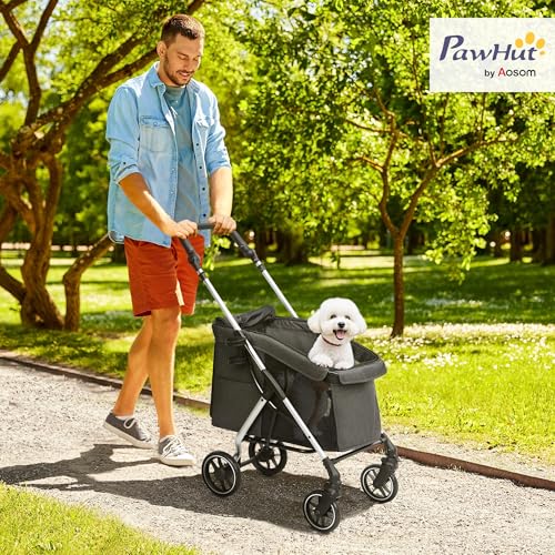 PawHut Hundewagen leicht Hundebuggy aus Aluminium klappbar für Hunde & Katzen Katzenbuggy mit Kissen Netzfenstern Türen Aufbewahrungskorb Katzenwagen Mini-Hundewagen für kleine Hunde Grau