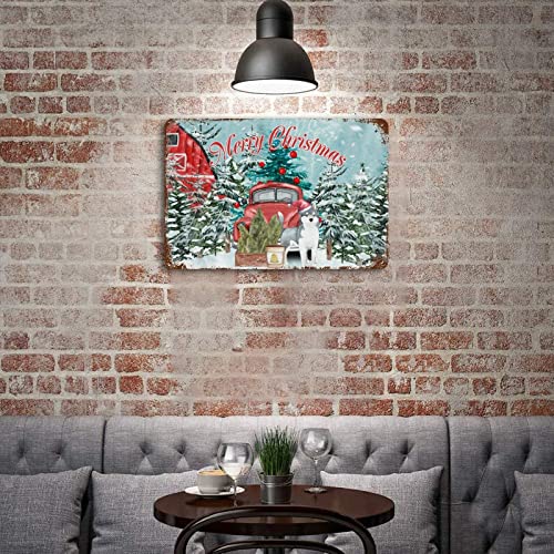 Merry Christmas Tin Signs Decorative Merry Christmas Dog Red Truck Plaque Tin Sign Porch Signs And Decor Outdoor Kitchen Metal Tin Sign Wall Home Decor Bar 8"X12" #TOP4