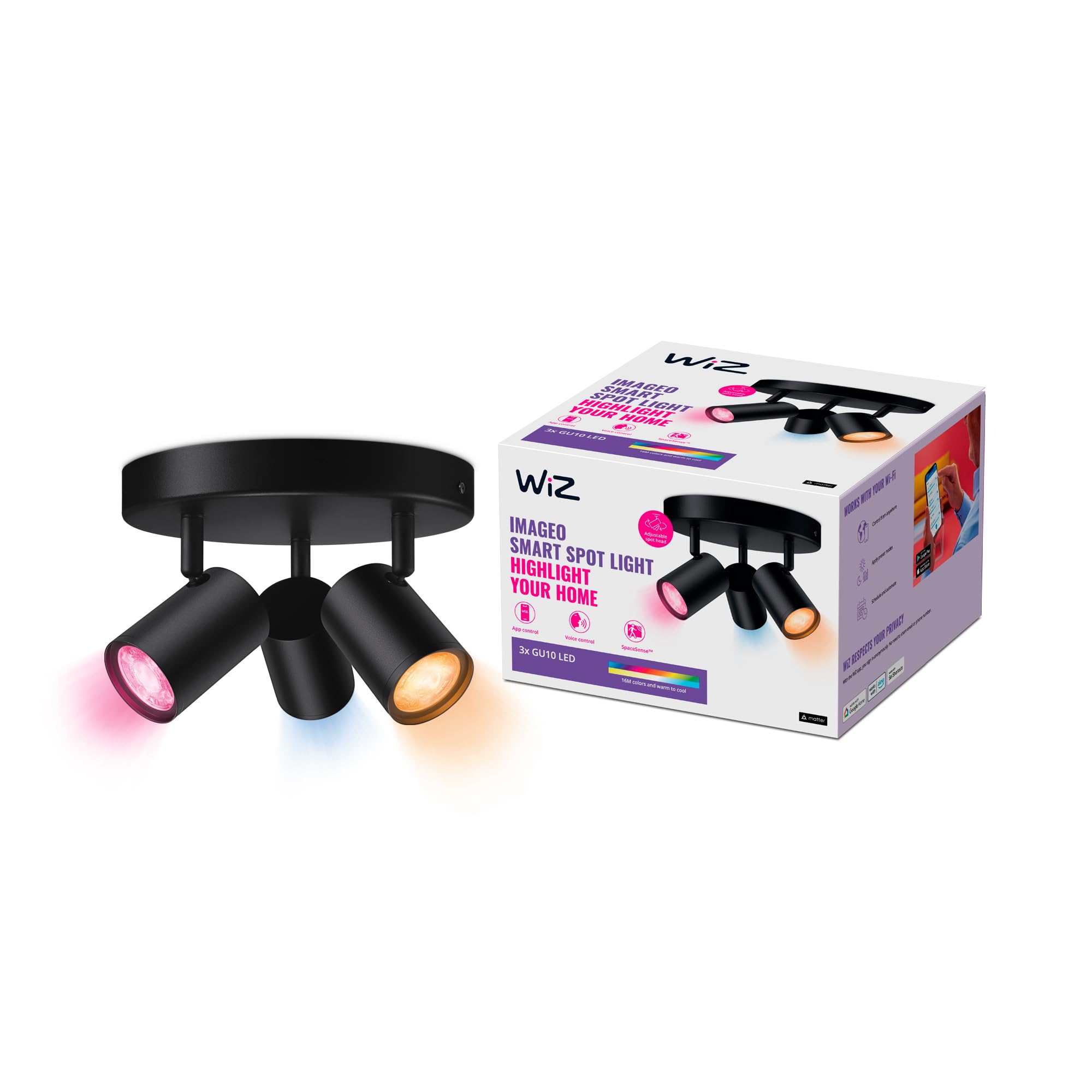 WiZ Imageo 3er-Spot Tunable White & Color, rund, dimmbar, 16 Mio. Farben, smarte Steuerung per App/Stimme über WLAN, schwarz