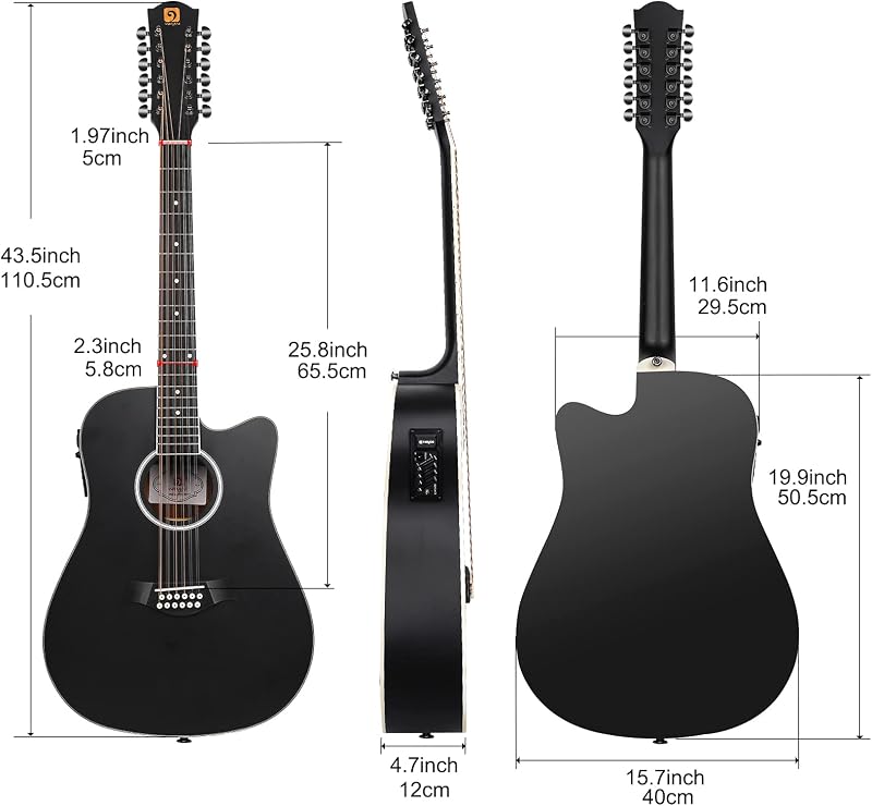Vangoa 12 húros western gitár 41" pickup EQ elektroakusztikus fekete