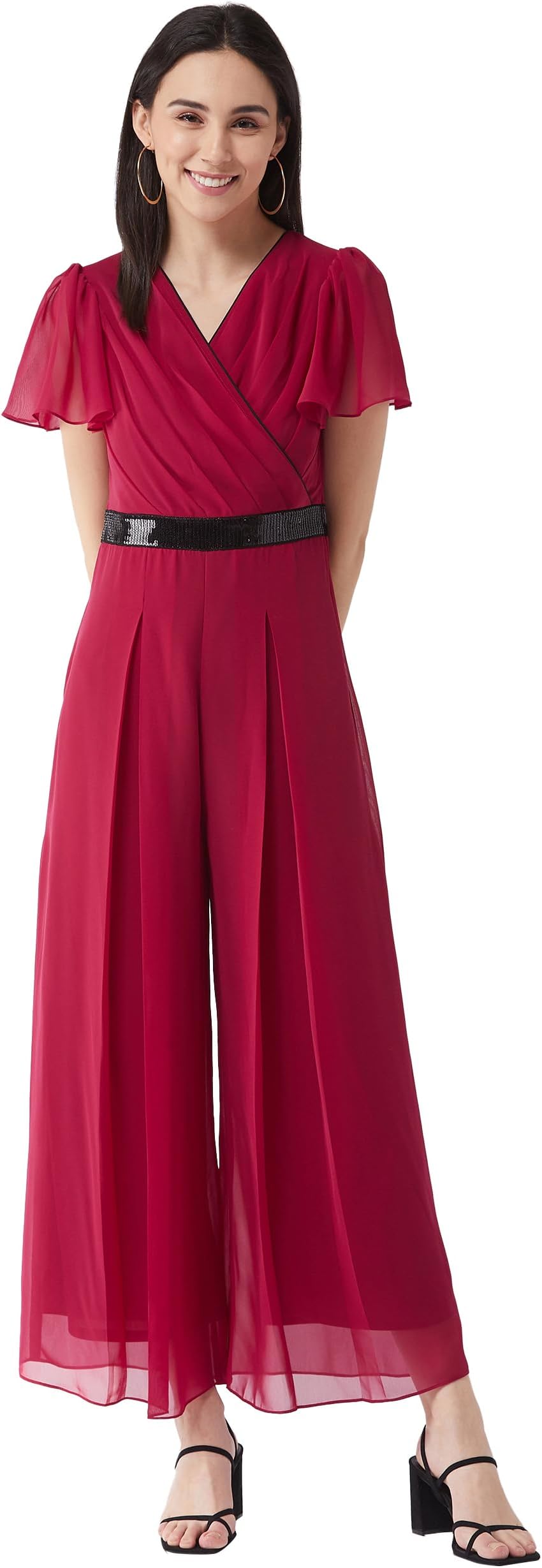 Miss Chase Women's Solid Relaxed Fit Short Sleeve V-Neck Jumpsuit with Pockets