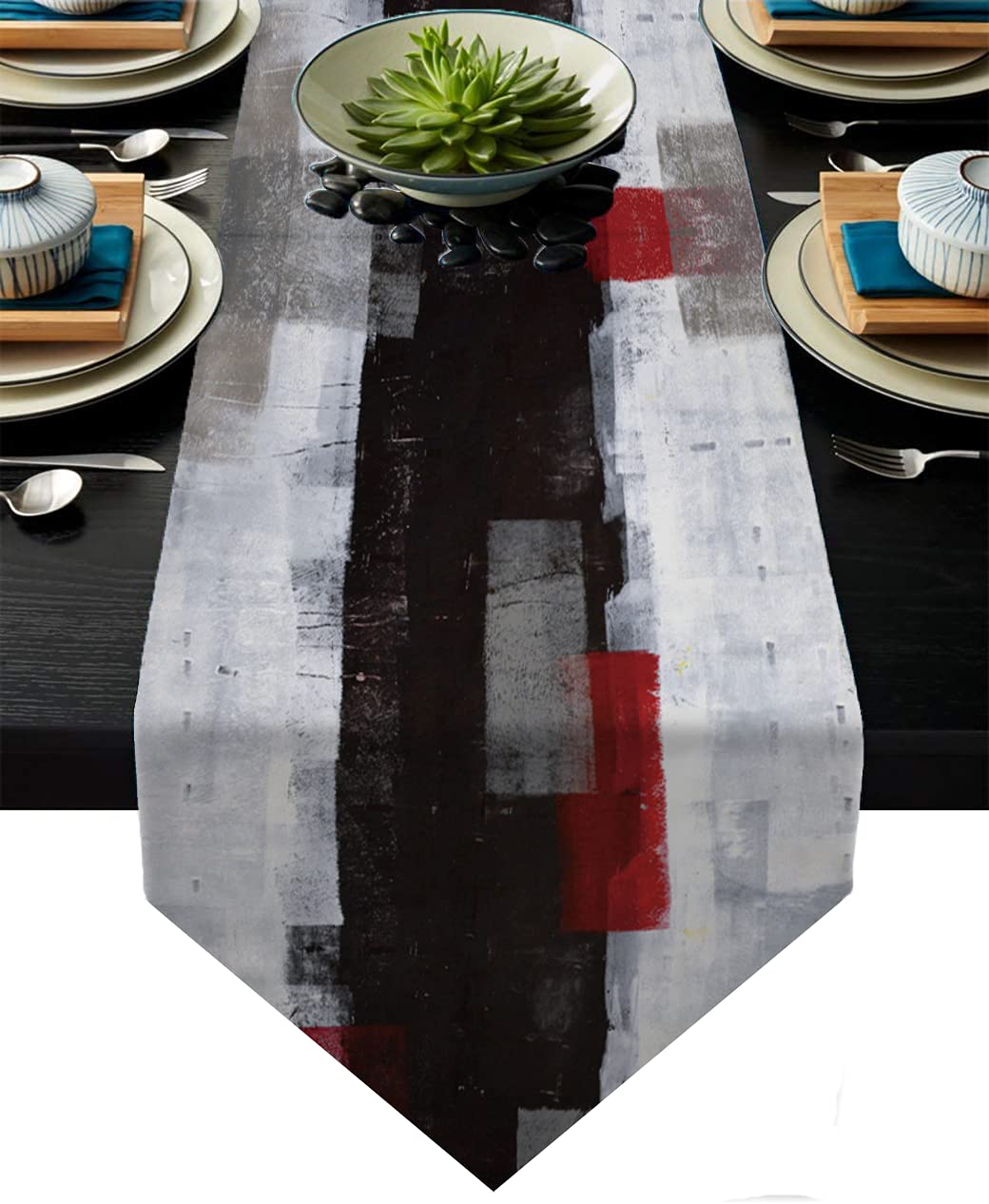Camino de mesa moderno de arpillera, camino de mesa abstracto rojo y negro para tocador, camino de mesa, estilo rústico para cenas, fiestas, vacaciones, decoración del hogar (rojo y negro, 13 x 71