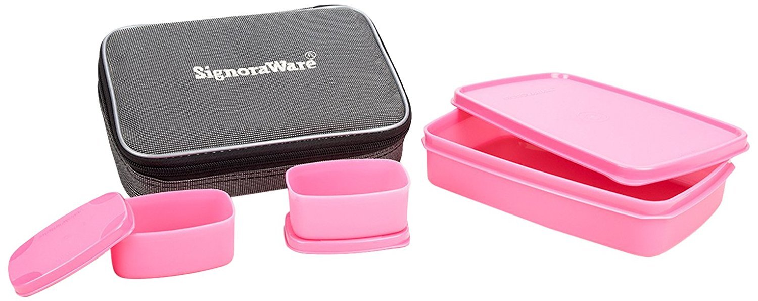 SIGNORA WARE Compact Lunch Box Set Of 3 With Zipered Bag, Bpa Free Plastic, Microwave Safe Food Grade Tiffin Boxes Office School,Leak Proof Air Tight (850Ml+100Ml+100Ml,Rectangular, Pink) (B00JJHA0U0) Amazon Price History, Amazon Price Tracker