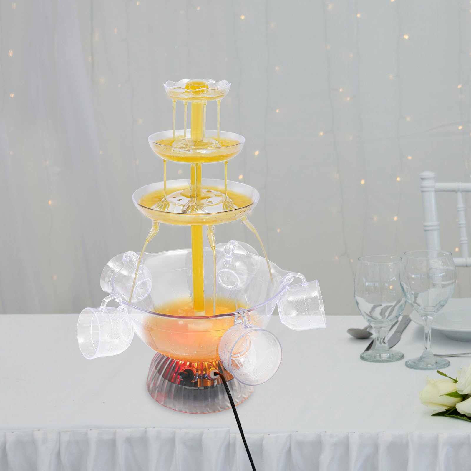 Getränkespender, 3 Ebenen, Partybrunnen mit 5 Tassen, Saft- und Weinbrunnen, 3,8 l, beleuchteter Boden, gelb und rot, für Familientreffen und Hochzeiten