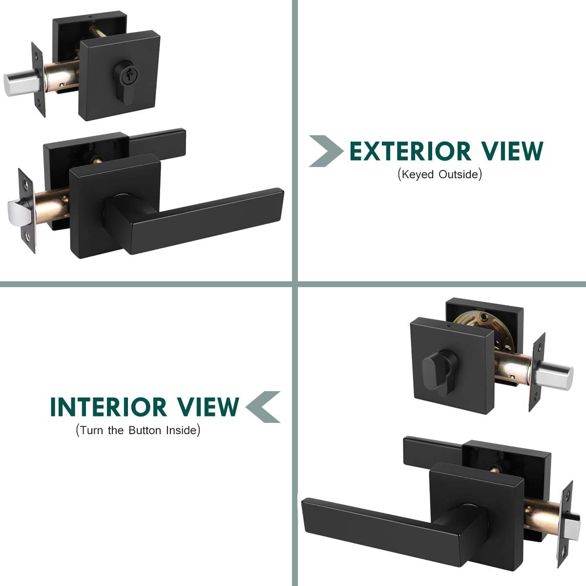 2 Pack Square Passage Door Levers and Single Cylinder Deadbolts Combo Pack, Flat Black Keyed Alike Heavy Duty Door Handles Locksets Reversible for Right and Left Side(All Same Keys)