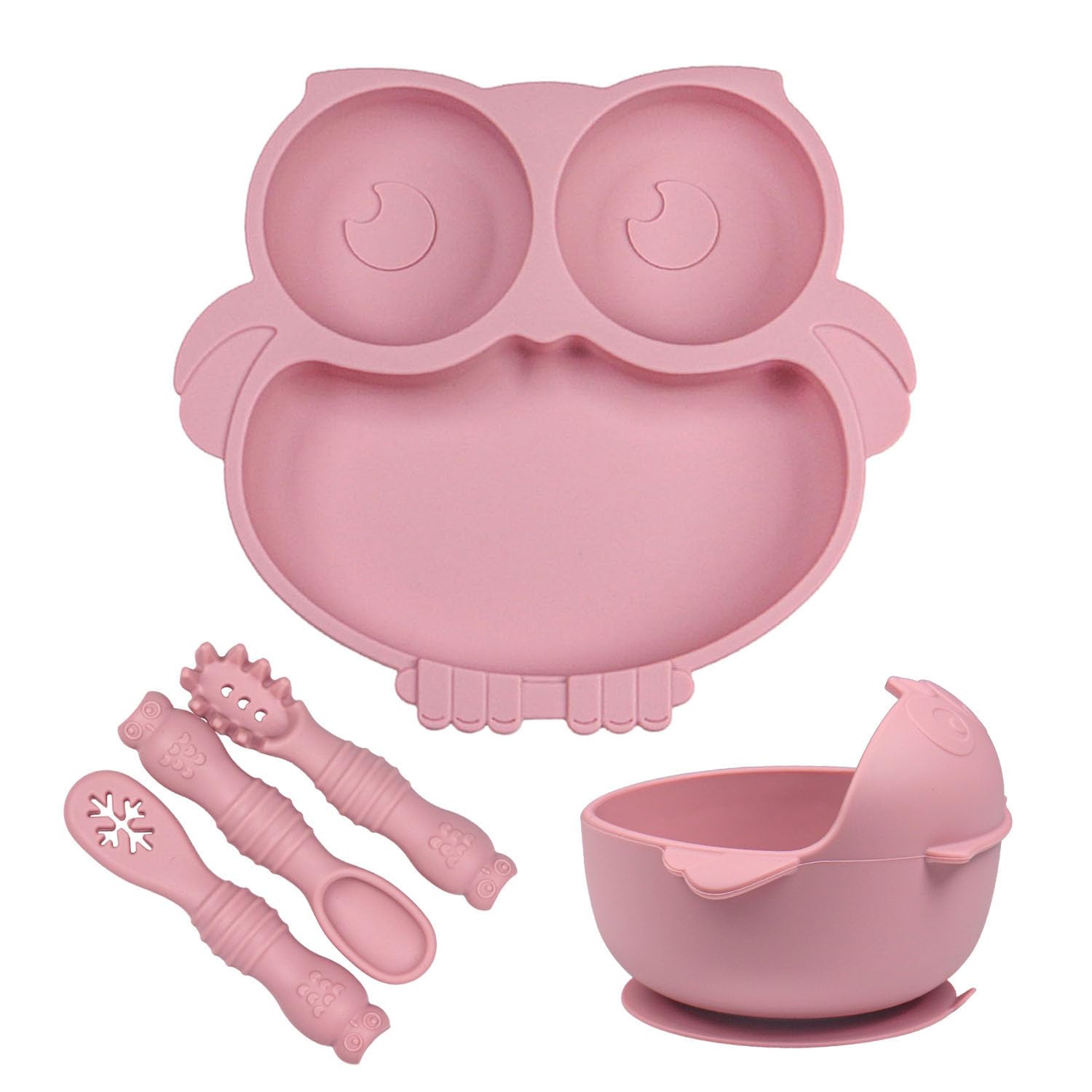 IDVVSSX Owl Shape Silicone Baby Feeding Set, Toddler Suction Plates and Bowls Set with Spoons, Kids Silicone Dinnerware Set Eating Utensils, Pink