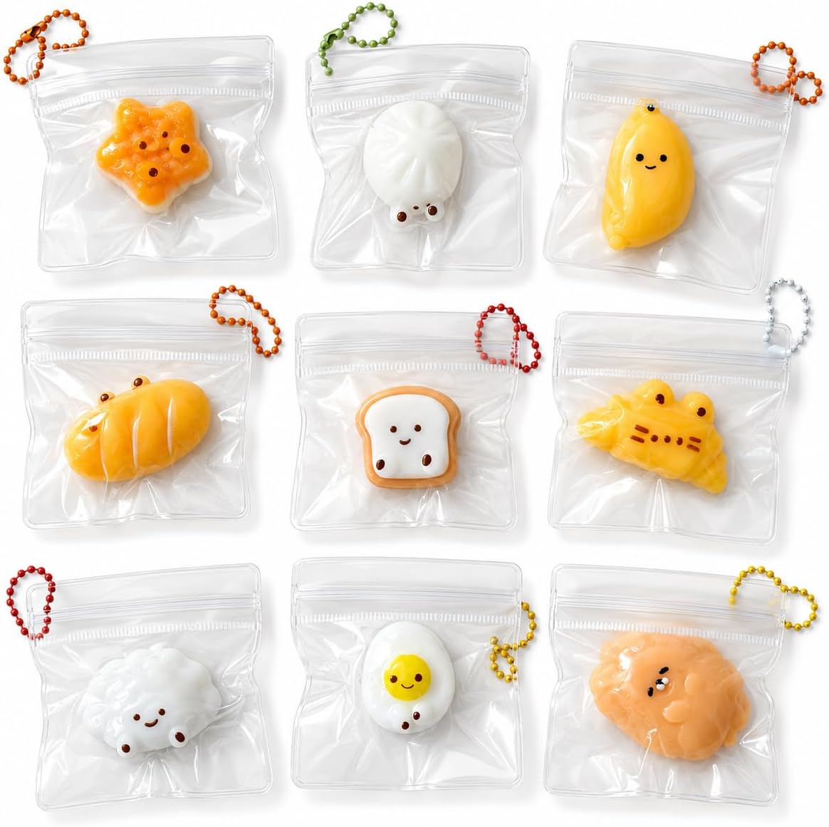 ミニ スクイーズ キーホルダー 9個セット Aタイプ 握る玩具 ストレス解消グッズ ぷにぷに 柔らかい シリコン製 ボールチェーン付き チャーム 暇つぶし 感覚おもちゃ 子供 大人 プレゼント