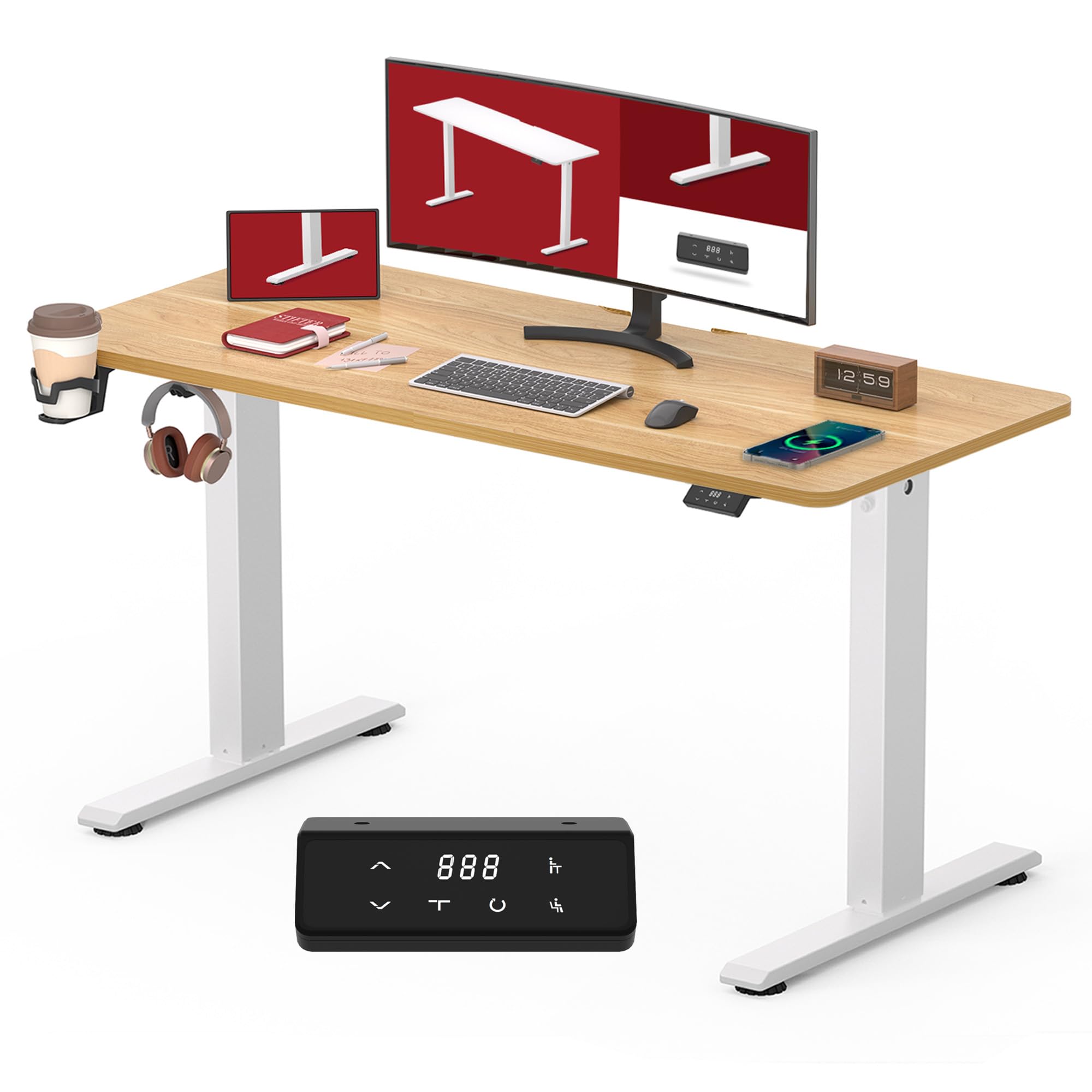 SANODESK QS1 110 x 60 cm Escritorio Elevable Eléctrico con un Tablero Entero Mesa de Elevable Eléctrico Escritorio Regulable en Altura Telescópico Bidireccional con Control de Memoria(Arce Blanco)