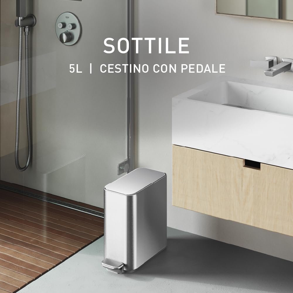 simplehuman Pattumiera da bagno in acciaio inox spazzolato, profilo sottile, 5 litri