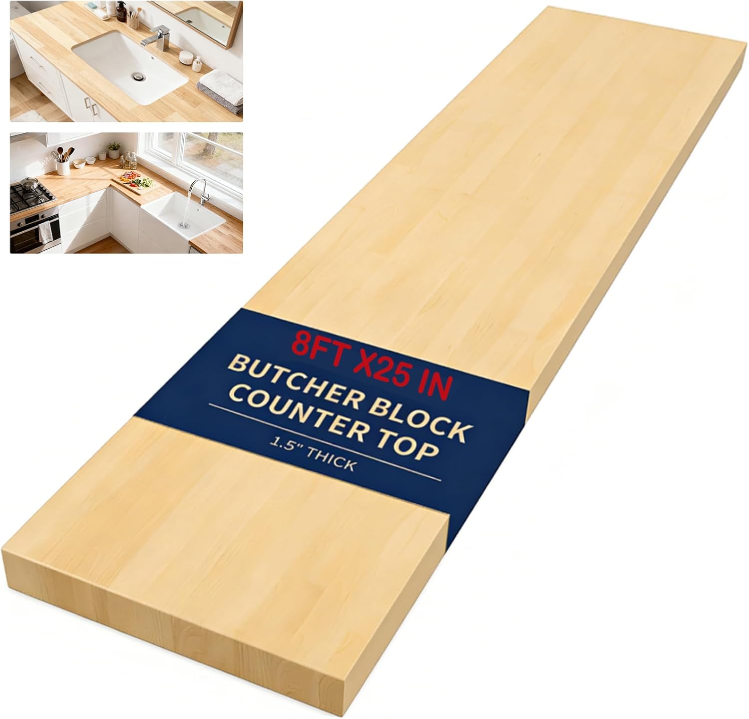 8ft Butcher Block Countertop, 98 x 25 x1.5in Solid Wood Table Top -Unfinished Birch Work Bench Top Cut to Size for DIY Desktop/Washer Counter/Office Desk/Kitchen Island/Living Room Tables