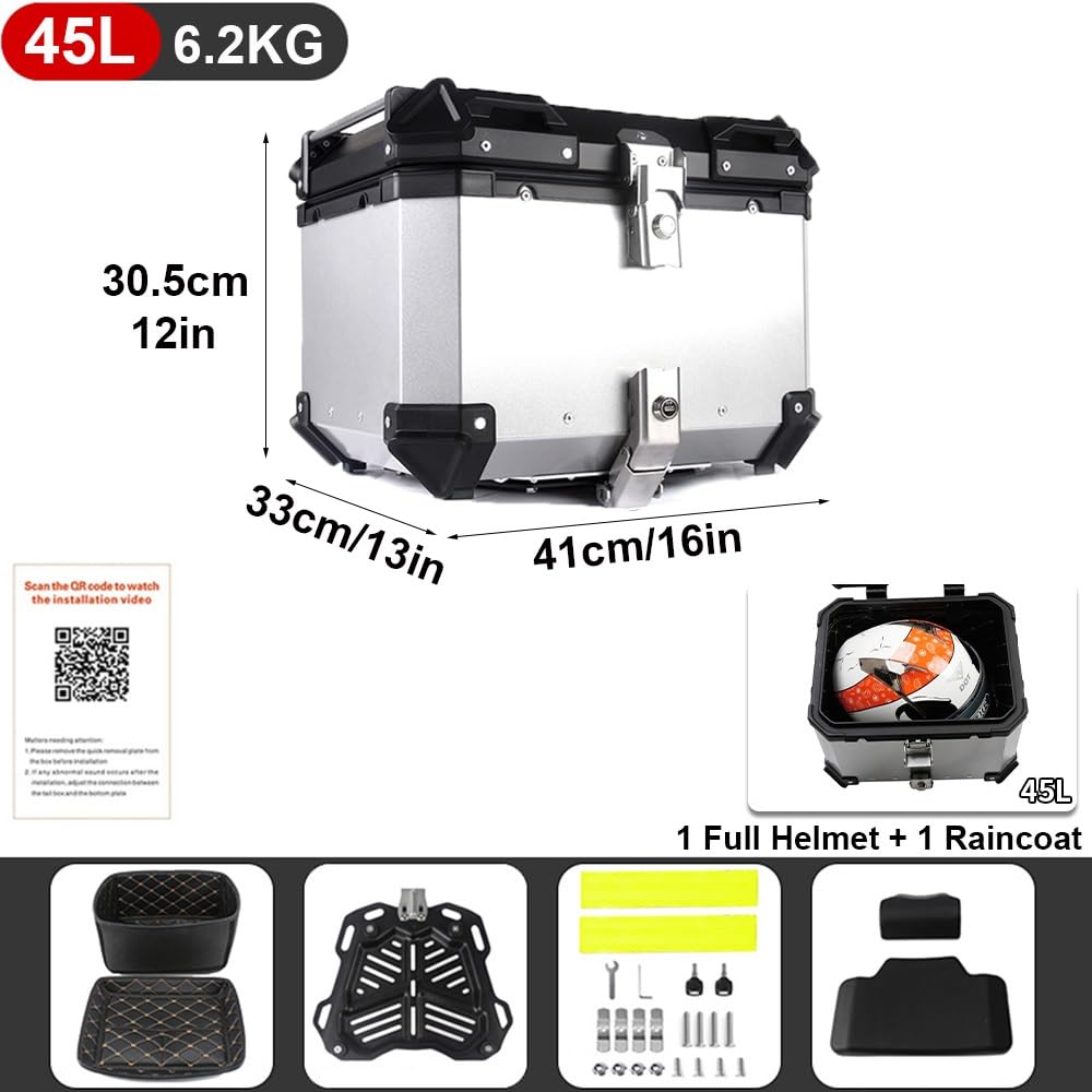Universal Baúl De Moto,Motocicleta Topcase Grande Capacidad 28/36/45/55/65/80/100L,Maletero De Moto De Aluminio, Baul Moto con Desenganche RáPido Base(Plata,45L)