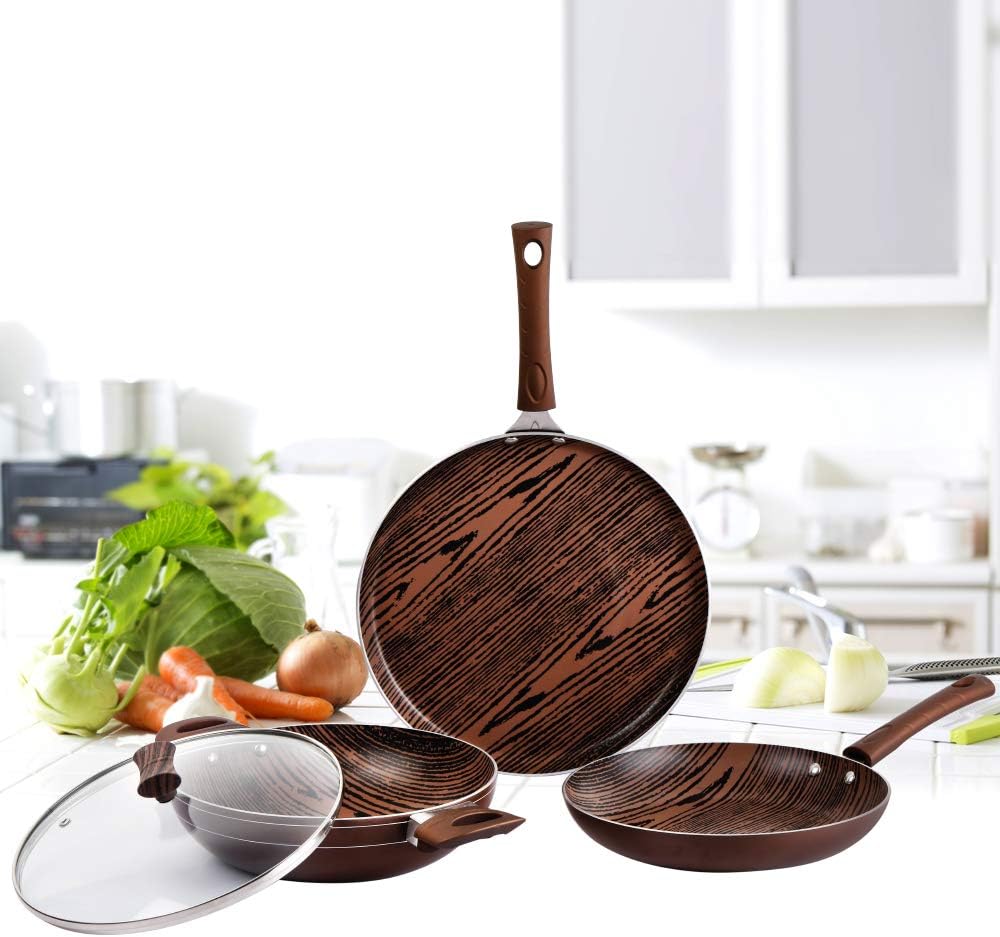 Cello Aluminium Induction Base Non-Stick Cookware Set, Brown, Woody