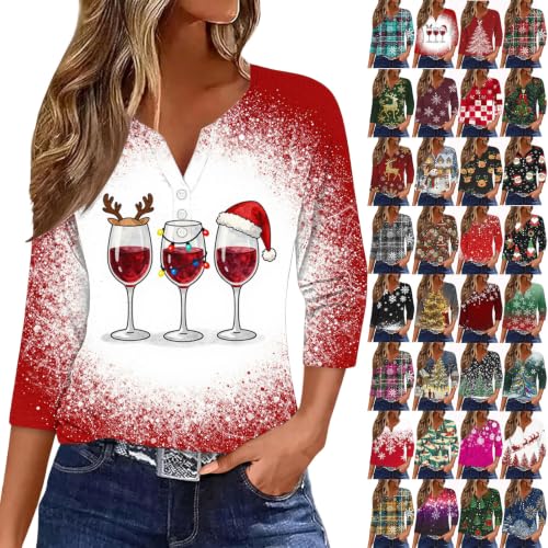Women Christmas T-Shirts Henley V Neck Tops Loose Casual Blouse - image 1