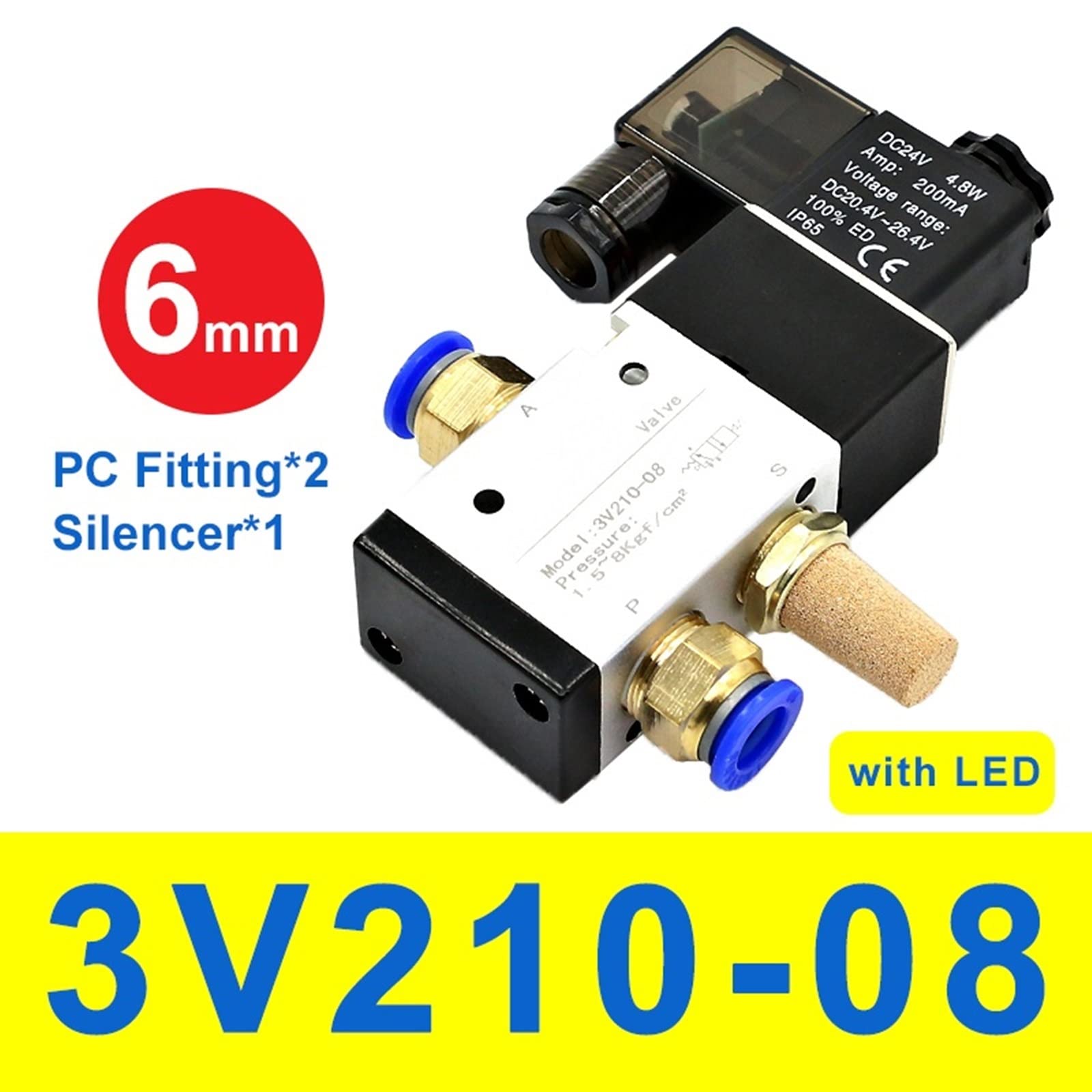 3V210-08 3-drożny pneumatyczny zawór elektromagnetyczny 2-pozycyjny sterowany elektrycznie zawór magnetyczny powietrza i gazu DC 12 V 24 V AC 220 V 110 V cewka 1/4" 1 szt. (With 6 mm Fittings, AC 110V
