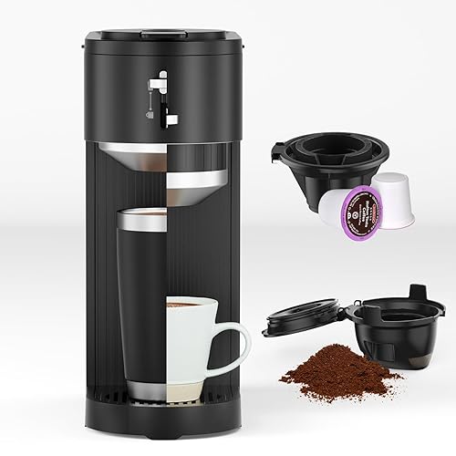 Miniatura 8 de COWSAR Cafetera de una sola porción, dos soportes para cápsulas y molidos, altura de embudo ajustable, preparación de 6 onzas a 14 onzas,