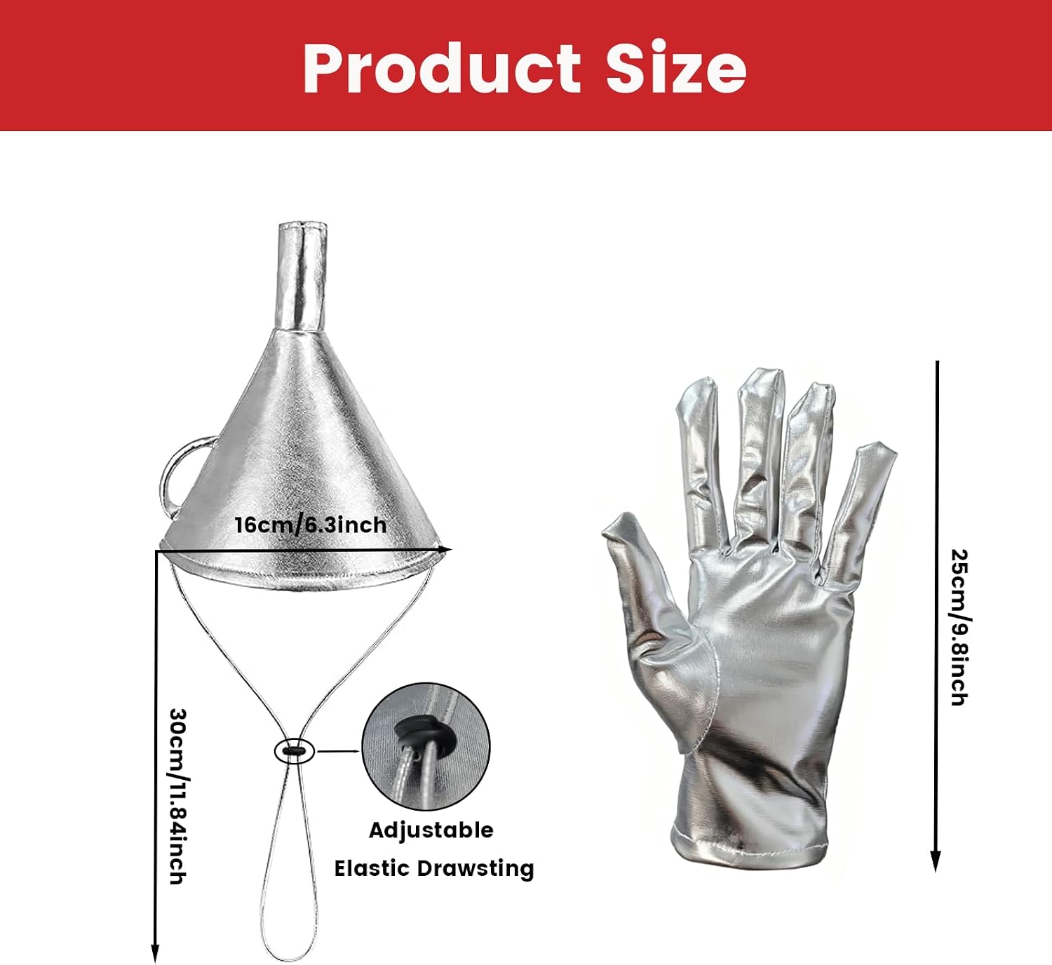 Tin Costume Accessories, Silver Funnel Hat Set with Sequin Heart Brooch Gloves for Cosplay Halloween