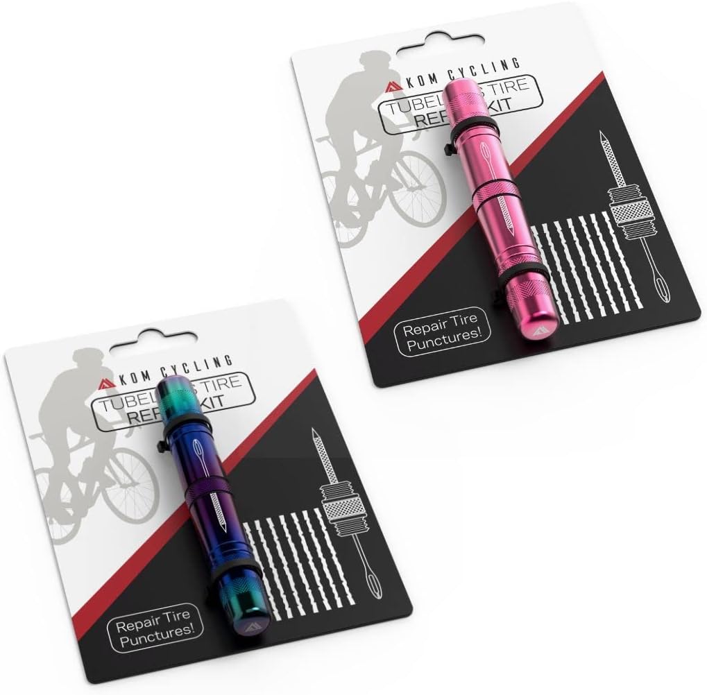 KOM Cycling Tubeless Tire Repair Kit for Bikes – Pink and Iridescent Bundle! Fixes Mountain Bike and Road Bicycle Tire Punctures – Includes Tire Repair Fork and Reamer, 8 Bacon Strips.