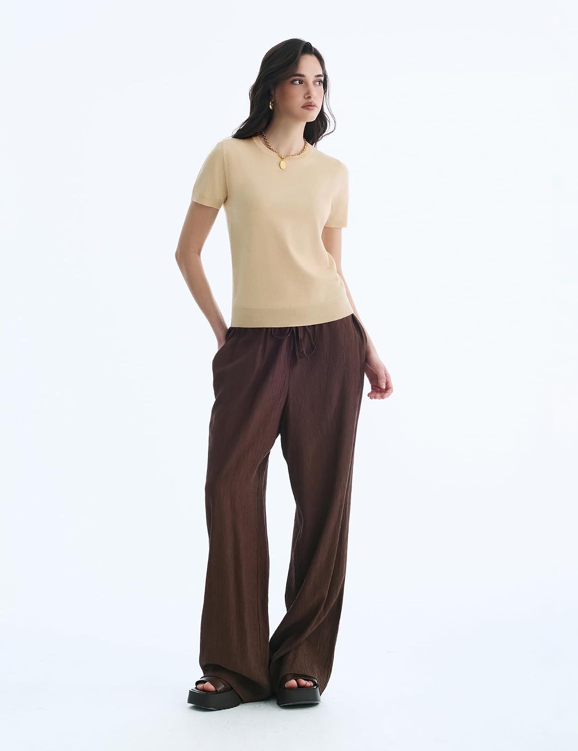 Women's Wool Blend Lightweight Short Sleeve Sweater Crew Neck Pullover Business Summer Tops Grace in Motion Collection