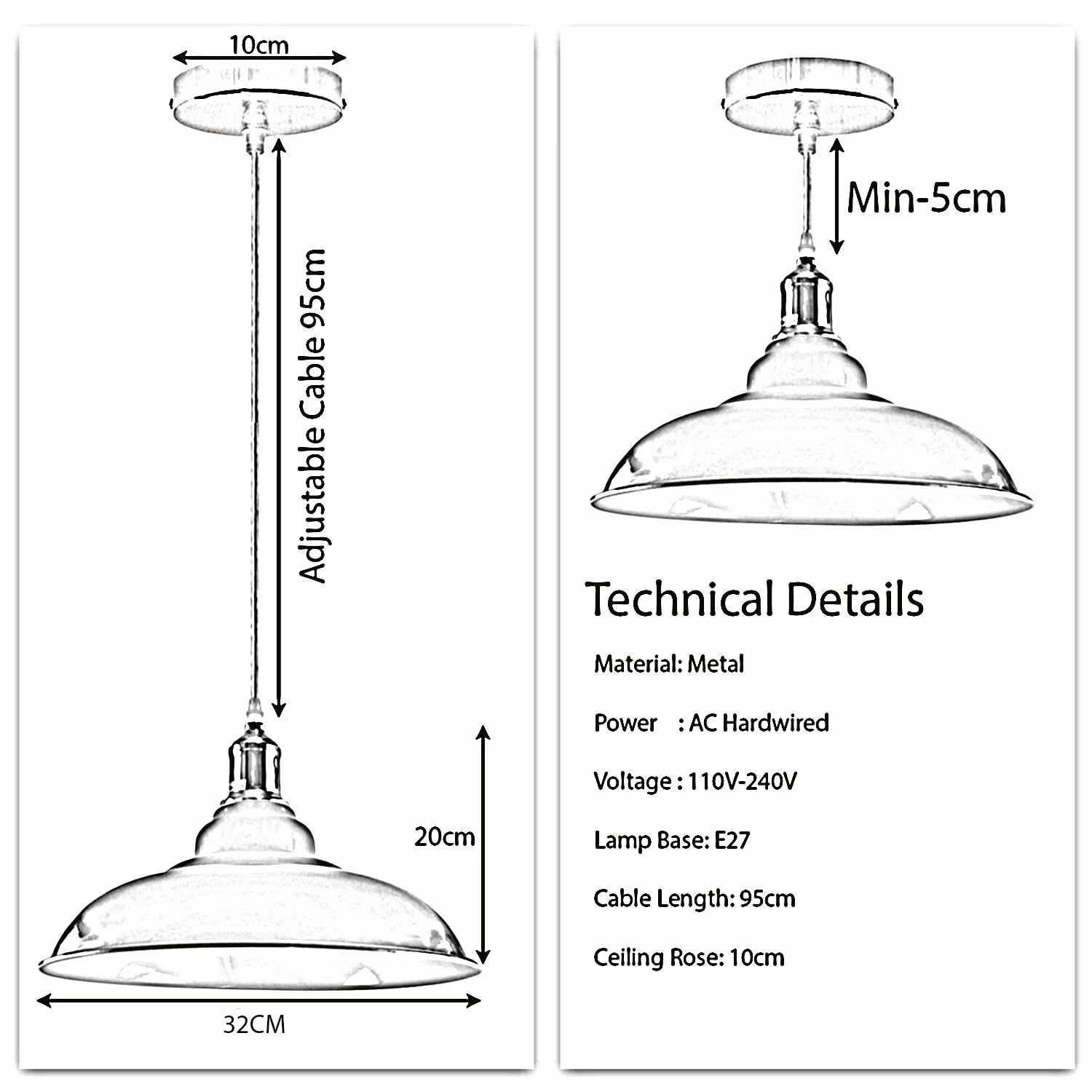 LEDSone Lampada a sospensione retrò E27 32 cm, lampada da soffitto in metallo, stile vintage, cavo regolabile - Faretto bianco per cucina, sala da pranzo, bar, caffetteria, ufficio (Verde)