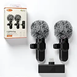 Kit 2 unidades Microfone de Lapela, Lapela Sem Fio Duplo com Redutor de Ruído e Wind Shield Profissional para Vídeos de Gravação Externa ou Interna Compatível com Iphone - Conector Lightning
