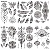 Ooopsi 8 Sheets Black Henna Temporary Tattoos for Women Girls - Feather Mandala Flower Tattoo Sticker for Adults Body Art Stickers Lace Indian Mehndi Tatoos