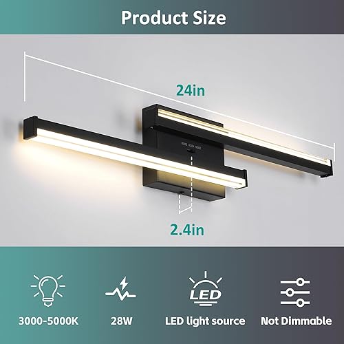 Miniatura 4 de Lámpara de tocador de baño de 24 pulgadas, lámparas negras sobre espejo de pared, modernas lámparas LED negras para iluminación sobre espejo,