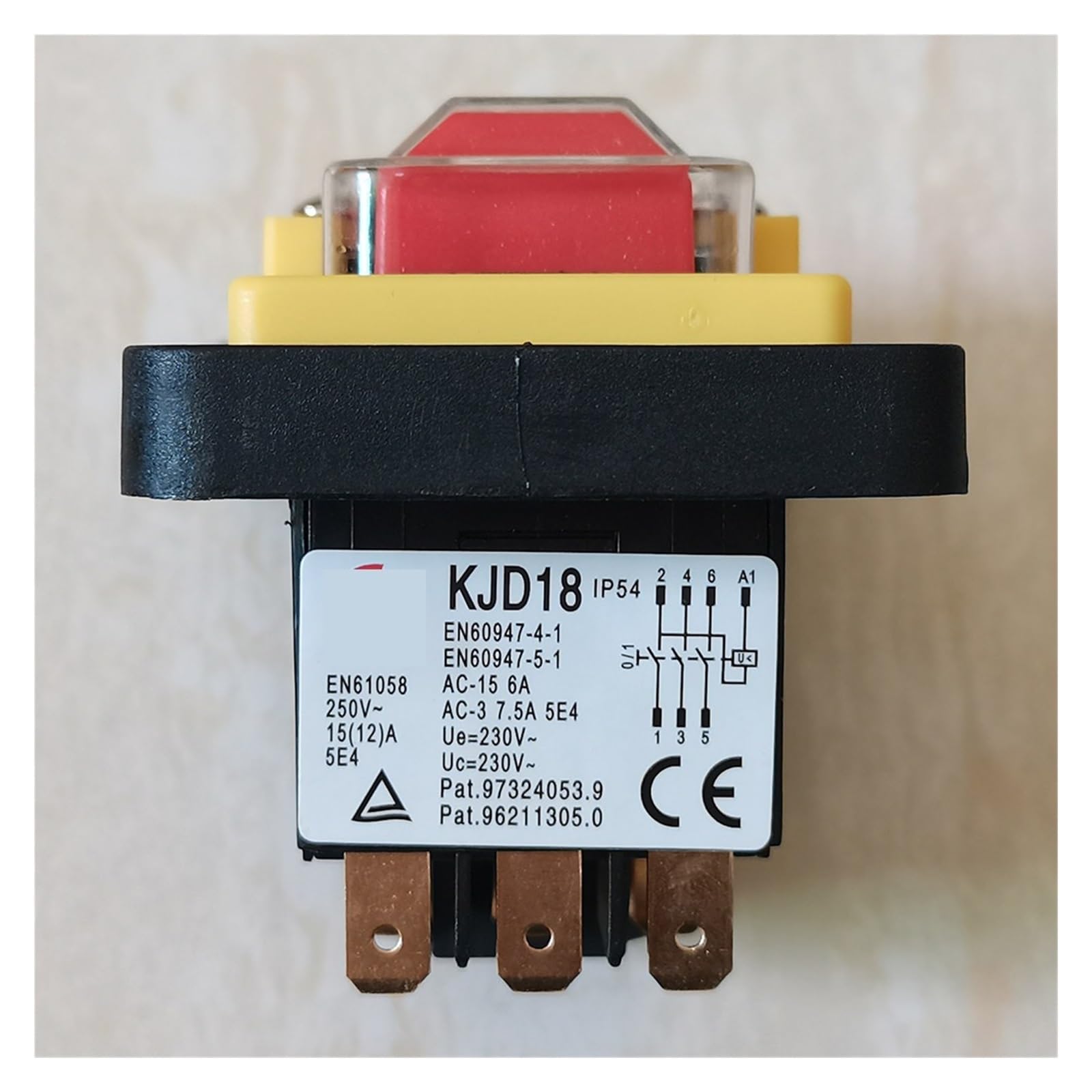 Interruptor pulsador KJD18 de 7 pines, interruptor electromagnético de encendido y apagado con protección contra subtensión y reinicio, 15 (12) A, 230 V CA