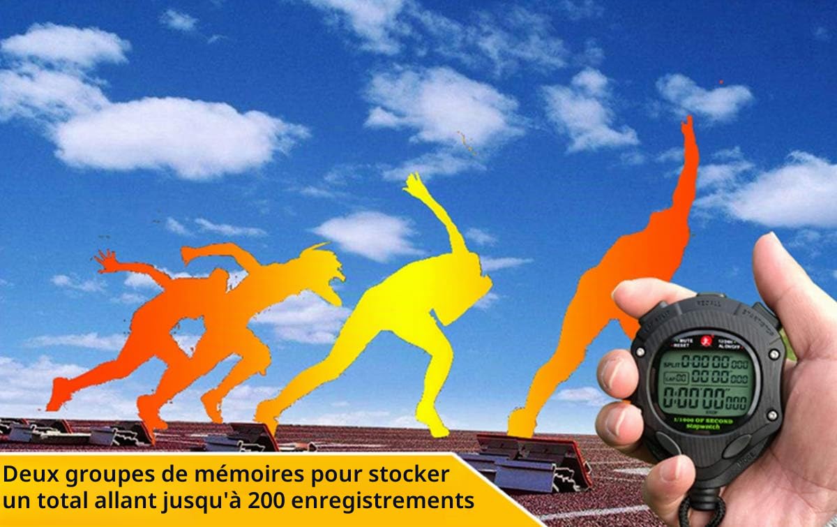Chronomètre numérique avec rétroéclairage, chronomètre 0,001 seconde, mémoire de 100 tours, grand écran pour entraîneur, sport, natation, course à pied, marathon, compétition (100 LAP (rétroéclairage)