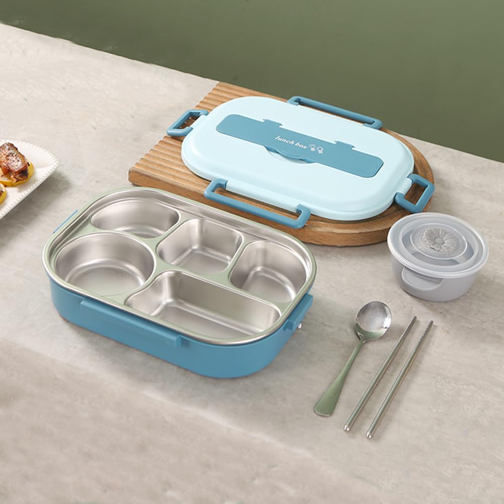 Lonchera Bento de acero inoxidable de 1500 ml con cuchara de palillos, compartimento portátil a prueba de fugas, recipientes de almacenamiento de alimentos con cuenco de sopa para el trabajo