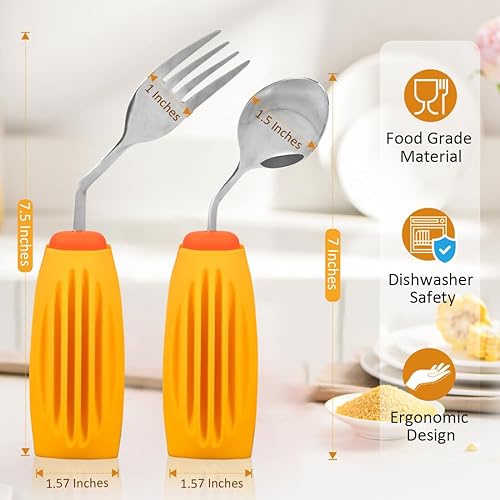 Miniatura 4 de Juego de utensilios adaptativos gruesos y sólidos, mango antideslizante, cuchara y tenedor para temblores de manos, artritis, Parkinson, ancianos,
