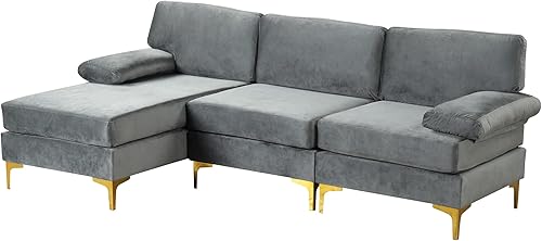 Miniatura 5 de Sofá modular moderno en forma de L, con diván extra ancho y patas doradas Gris,Negro -,Verde,Naranja,Gris oscuro,marino,Púrpura