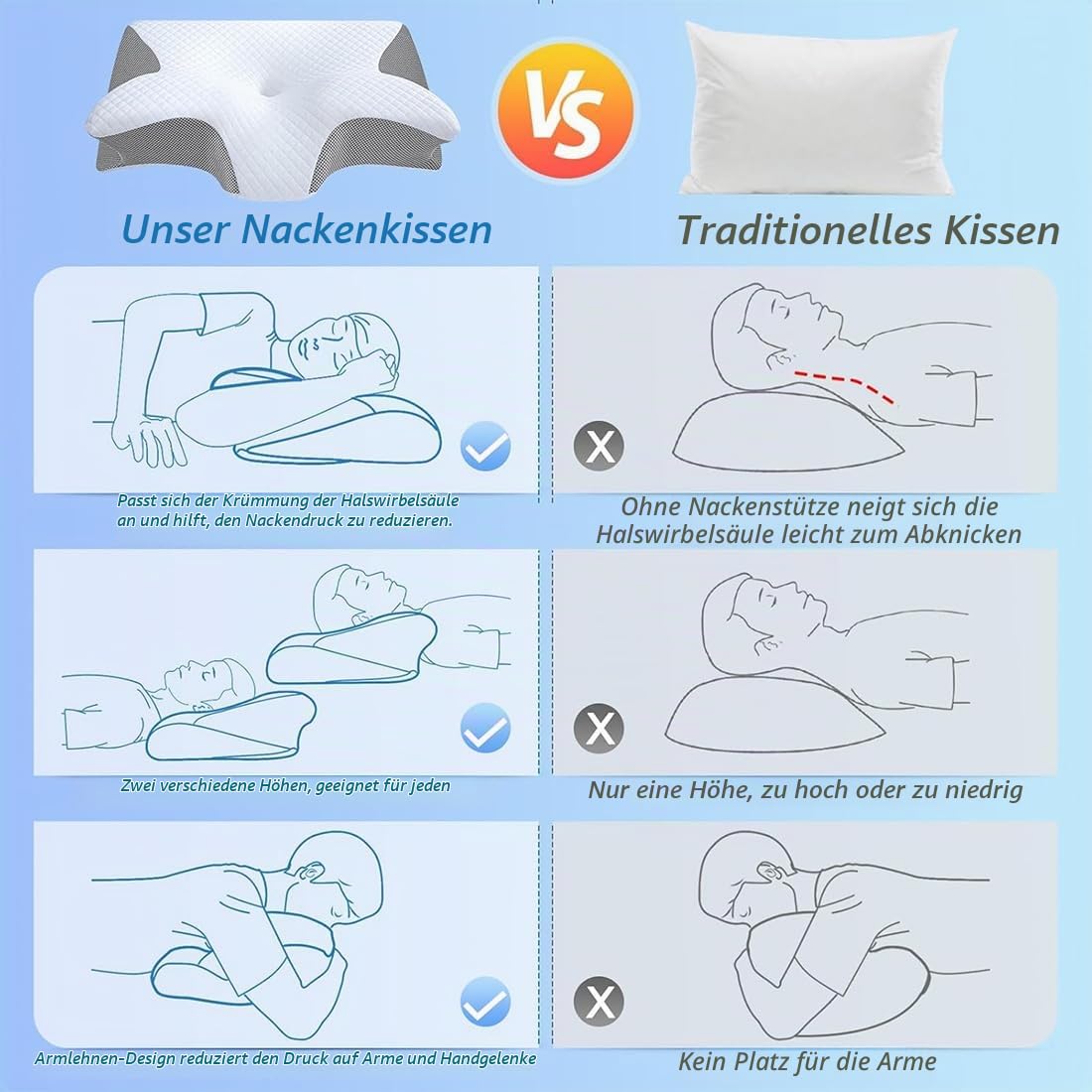 Das Original Dreamsleepz Kissen, 2-in-1 Ergonomisches Kopfkissen, Nackenkissen Kopfkissen für Lindert Nacken und Schulterschmerzen, Orthopädisches Kissen für Seiten, Rücken und Bauchschläfer (Grau)