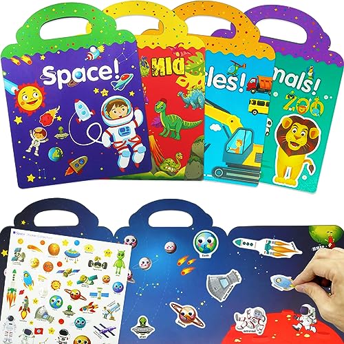 Reusable Sticker Books, Tixlux 4 Pack Sticker Books for Kids Age 2 3 4 Year Old Boys Girls Toddlers, 3D Clear Sticker Book Educational Learning Toy Birthday Gifts, Space Vehicles Dinosaurs Animals