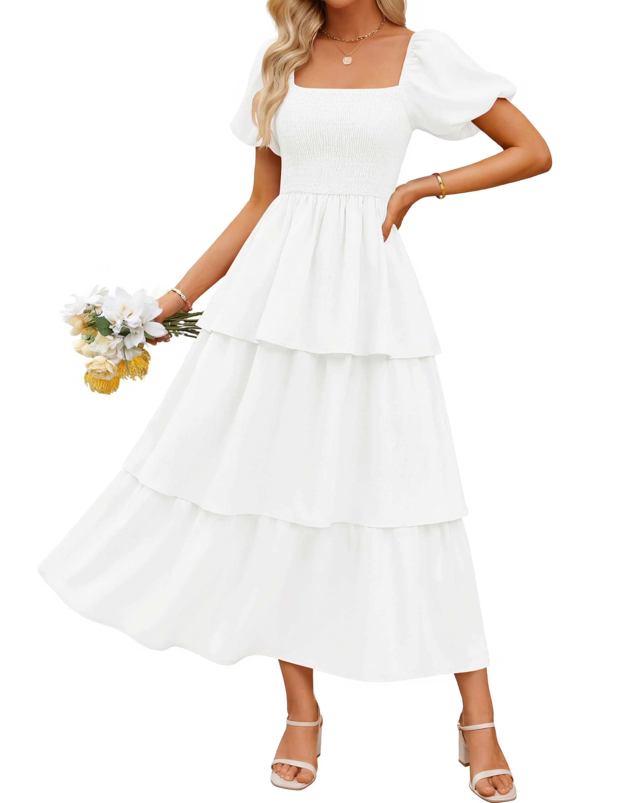 ZESICA Womens Summer Smocked Midi Dress 2026 Casual Puff Short Sleeve Flowy Tiered Boho Beach Vacation Long Dresses