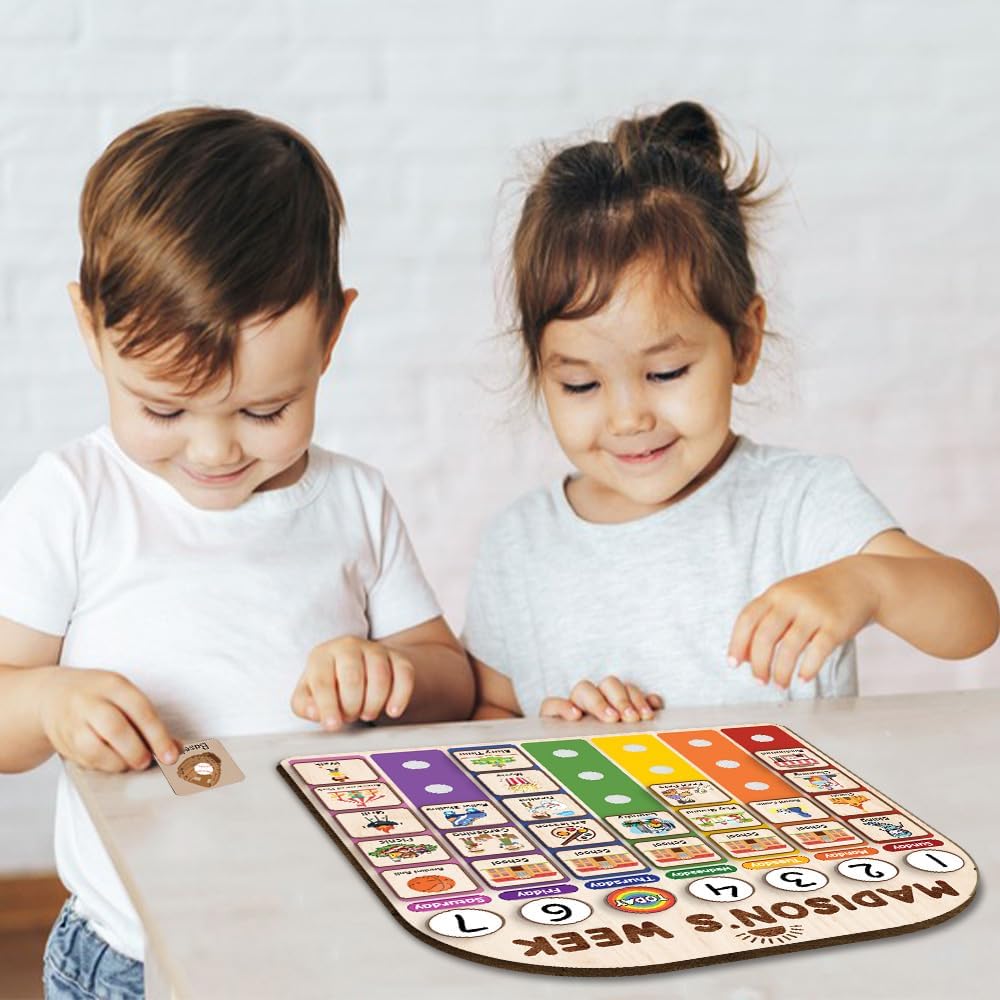 Personalized Wooden Weekly Planner for Kids, Weekly Routine Chart 15x16", Visual Schedule for Kids, Day of the Week Activities for Boys Girls