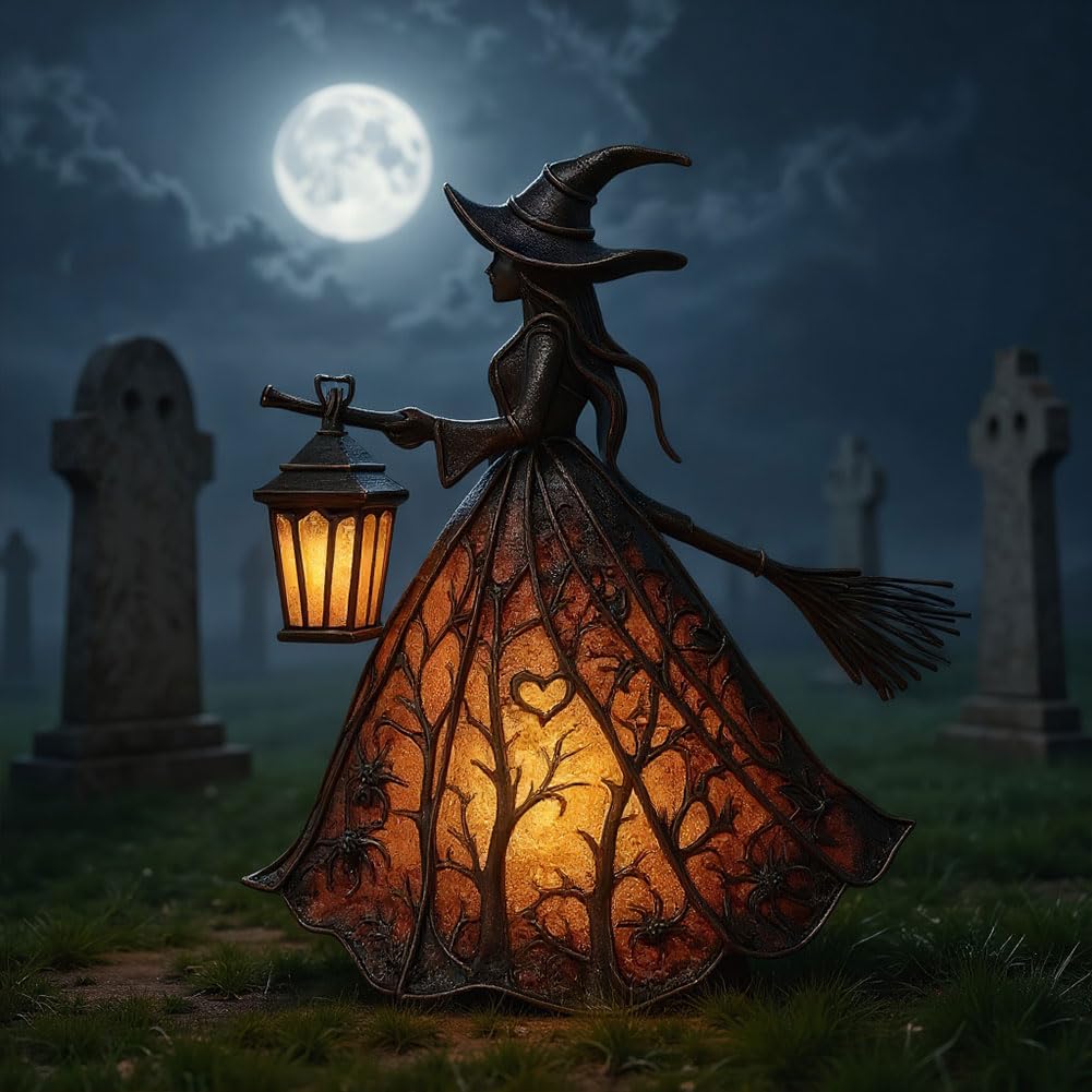 KOBONA Halloween Witch Lamp | Gothic Spooky Witch Decor with Holding Lantern | Spooky Decorative Standing Tabletop Figurine Night Light | Halloween Party Lighting Decorations for Outdoor