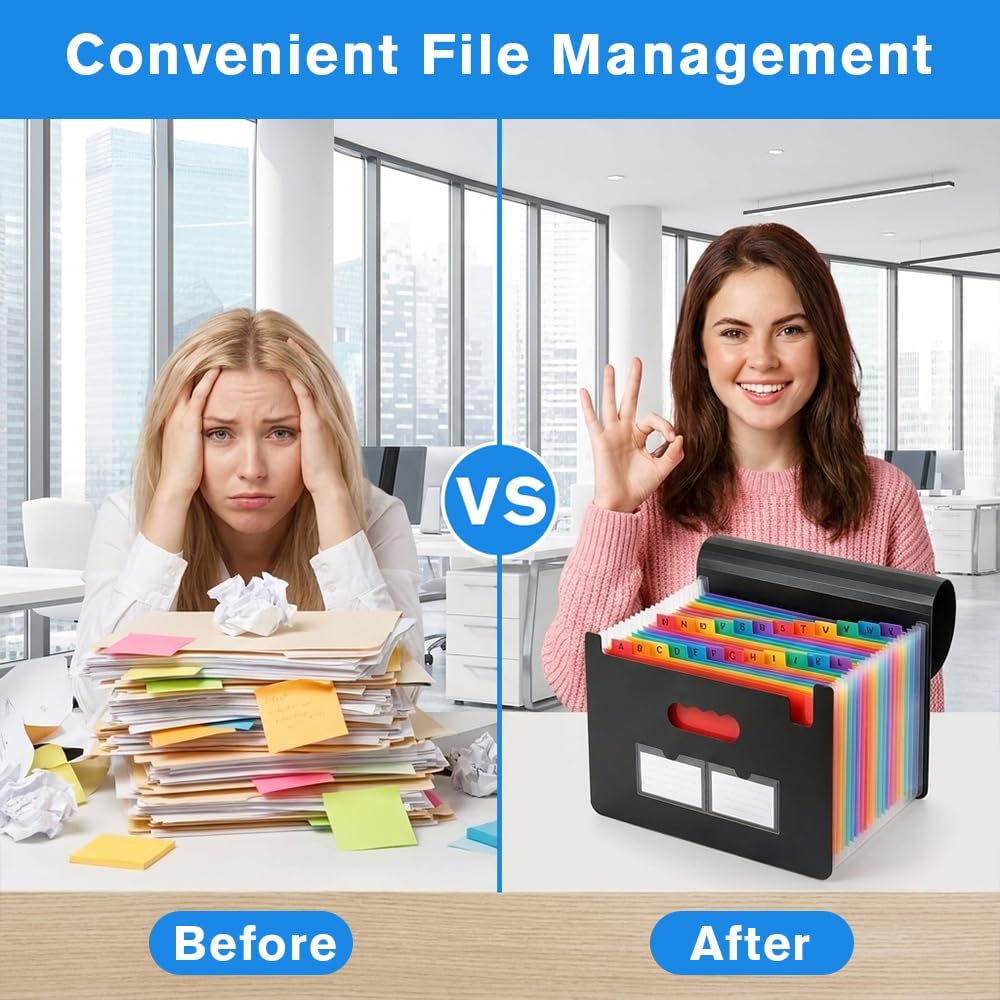 Accordion File Organizer 25 Pockets Expanding File Folder Portable Monthly Bill Receipt Organizer with Colorful Tabs Labels for Important Documents Letter A4 Paper Storage Home Office Supplies, Black image 4