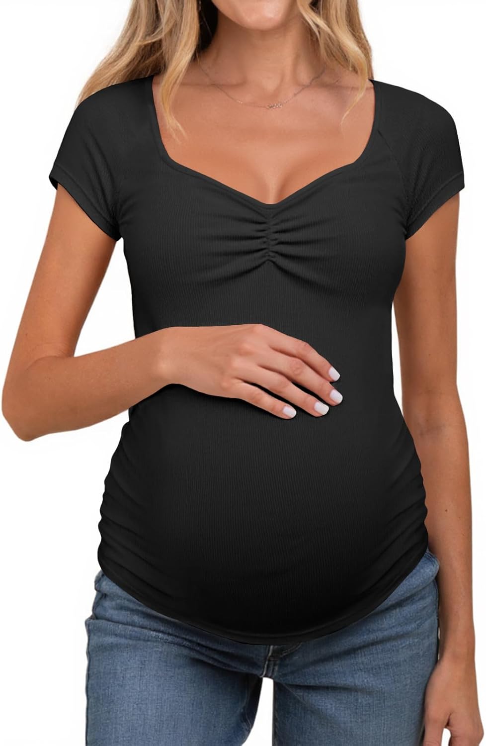 Tankaneo Womens V Neck Maternity Tops Cap Sleeve Fitted Breastfeeding T Shirts Summer Pleated Pregnancy Clothes
