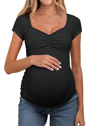 Tankaneo Womens V Neck Maternity Tops Cap Sleeve Fitted Breastfeeding
