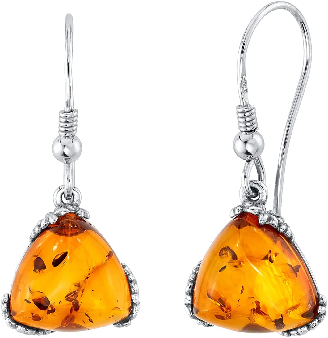 PEORA Genuine Baltic Amber Trillion Shape Drop Earrings 925 Sterling Silver, Designer Solitaire, Rich Cognac Color, Fish Hook, Real Baltic Amber Earrings for Adults, 100% Natural from Baltic Region