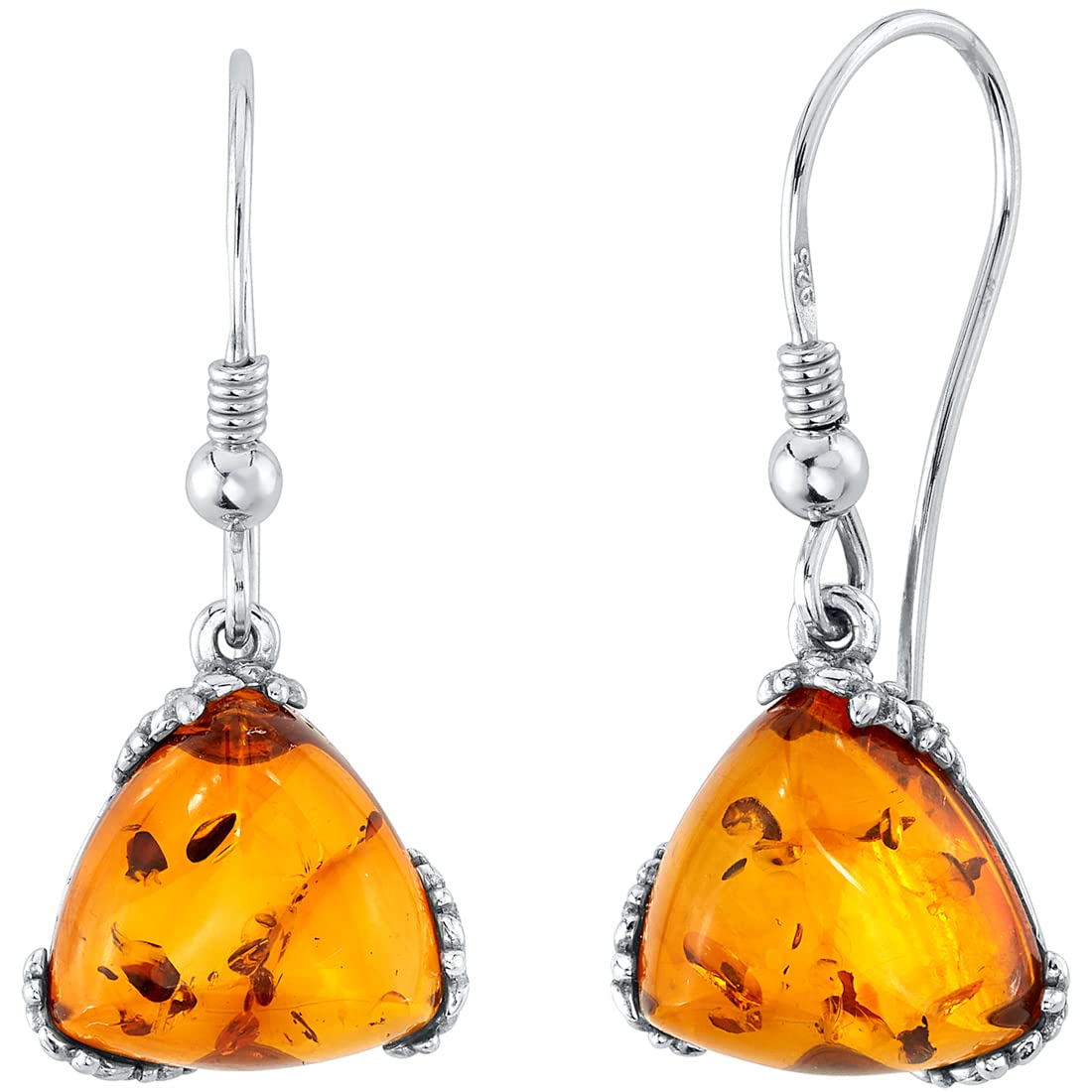 PEORAGenuine Baltic Amber Trillion Shape Drop Earrings 925 Sterling Silver, Designer Solitaire, Rich Cognac Color, Fish Hook, Real Baltic Amber Earrings for Adults, 100% Natural from Baltic Region